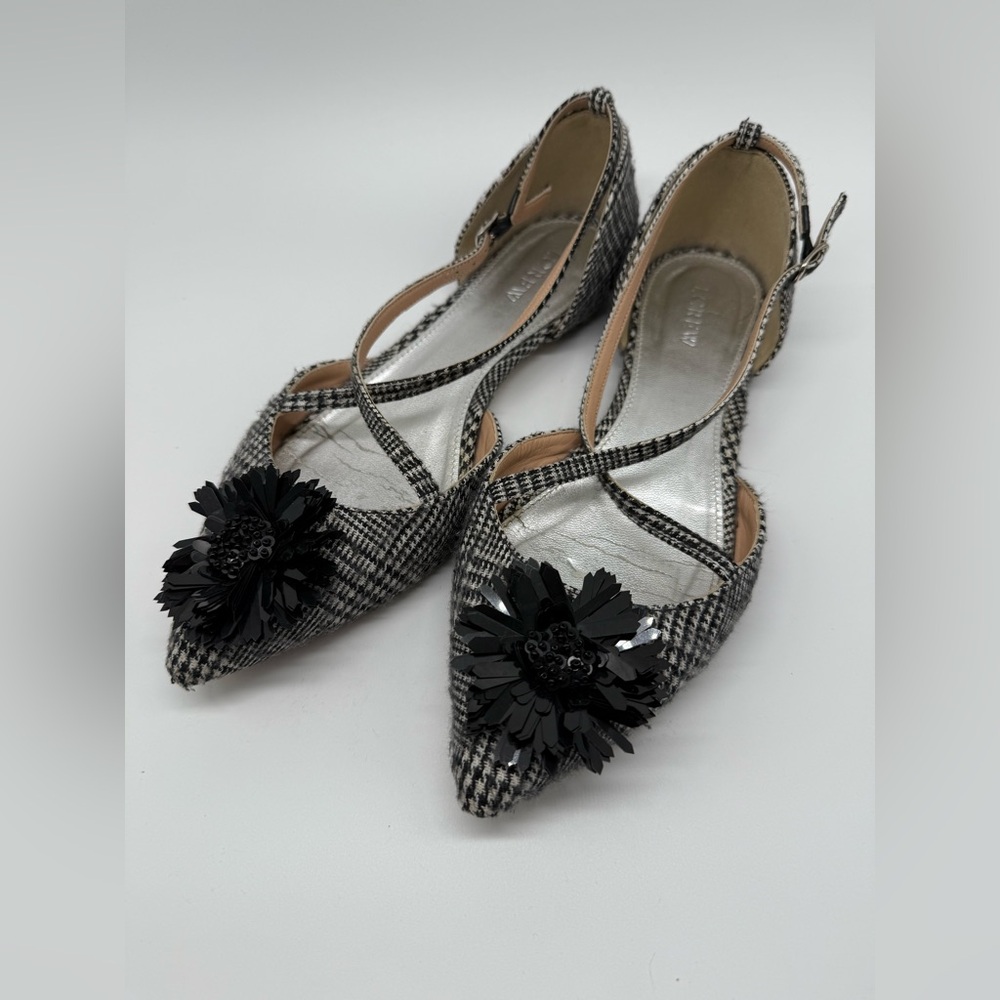 J. Crew Audrey Black/White Cross-Strap Women's Shoes with flower embellishment